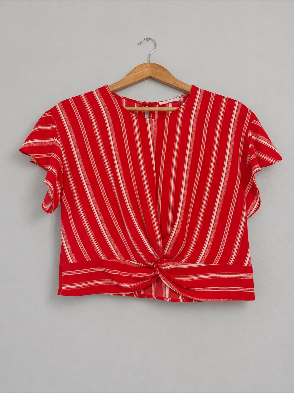 Lush Women’s Small Red White Stripe Twist Front Crop Blouse Short Sleeve